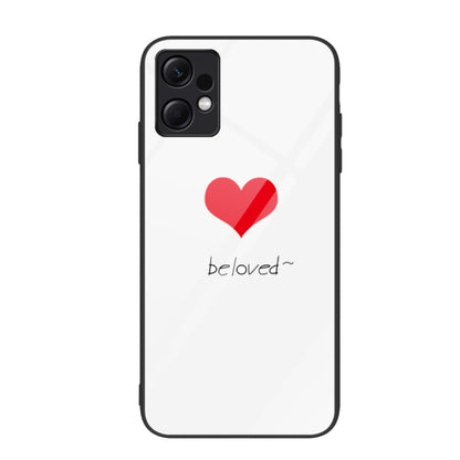 Glass phone case with red heart icon and 'beloved~' text on light background