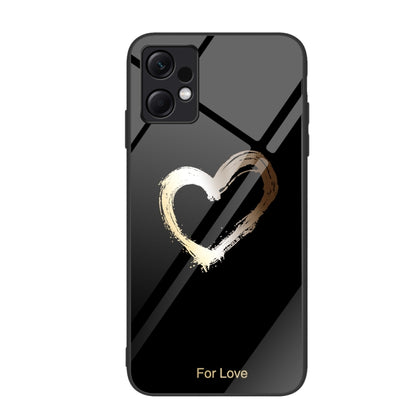 Glass phone case with gold brush heart on dark geometric lines, 'For Love' text