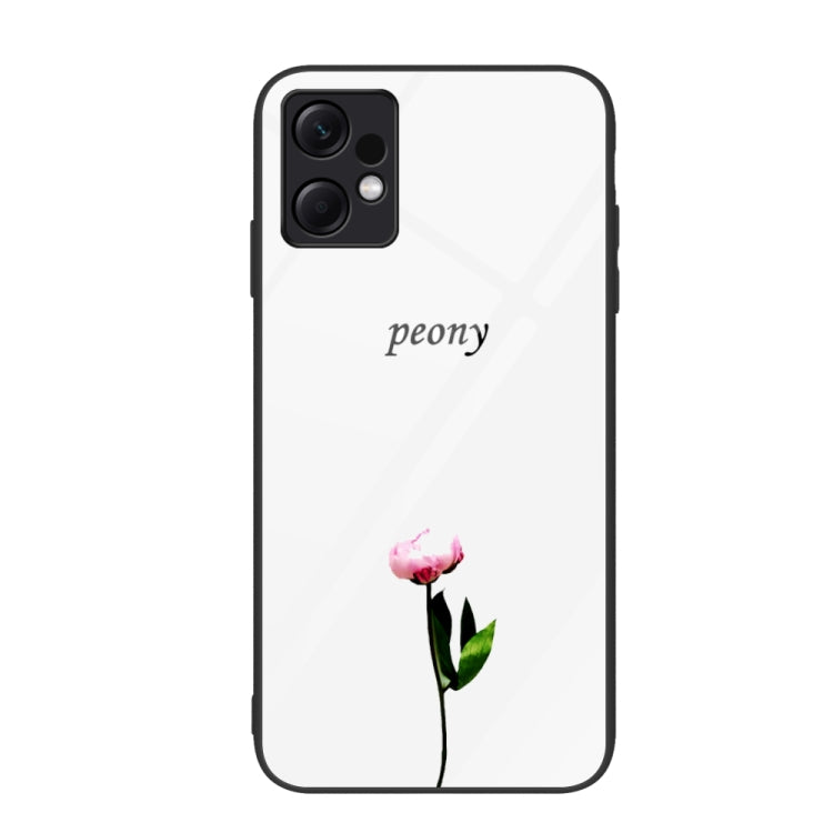 Glass phone case with pink peony flower and 'peony' text on light background