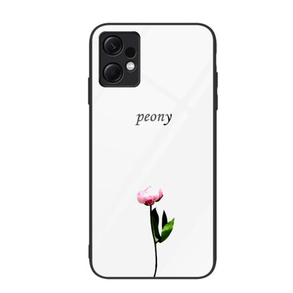 Glass phone case with pink peony flower and 'peony' text on light background