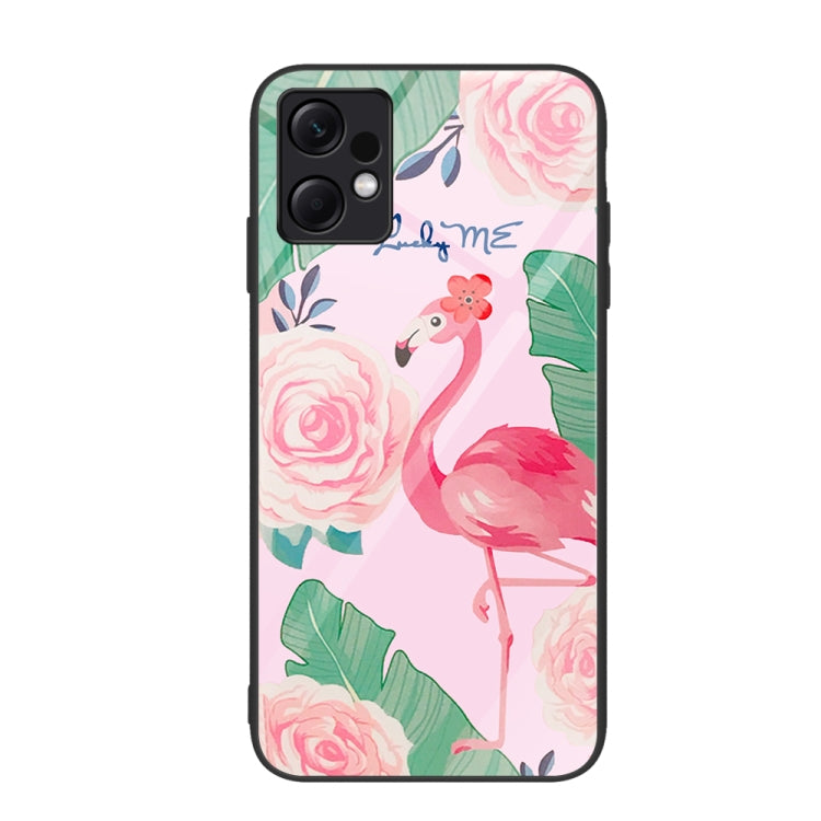 Glass phone case with flamingo, roses, and tropical leaves illustrated pattern