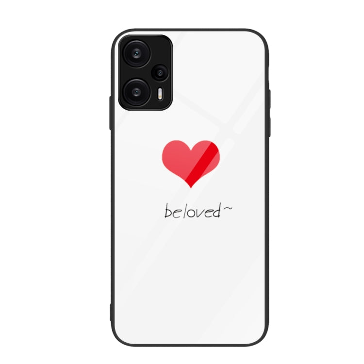 Glass phone case with red heart icon and script reading “beloved”