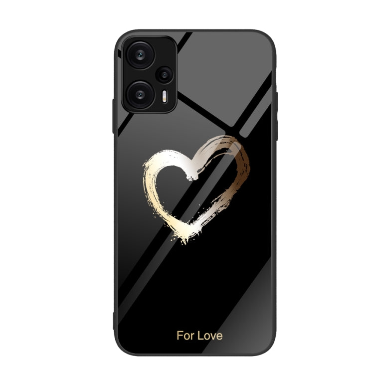 Glass phone case with black background, gold heart brush stroke, and “For Love”