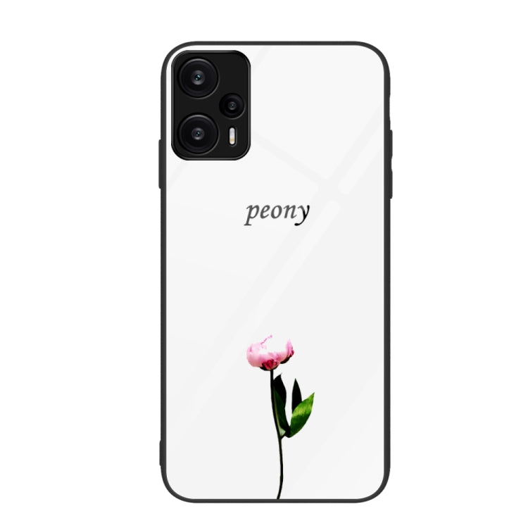 Peony flower painted glass phone case with black camera cutouts.