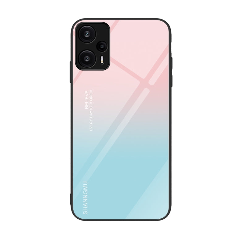 Gradient pink-to-blue painted glass phone case with diagonal geometric streaks.