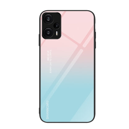Gradient pink-to-blue painted glass phone case with diagonal geometric streaks.