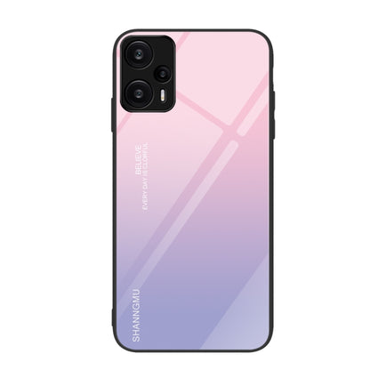 Pink-to-purple gradient painted glass phone case with diagonal geometric lines.