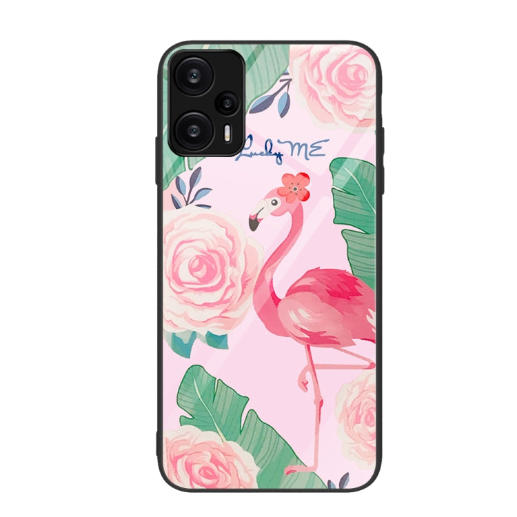 Flamingo and rose botanical painted glass phone case with colorful leaves.