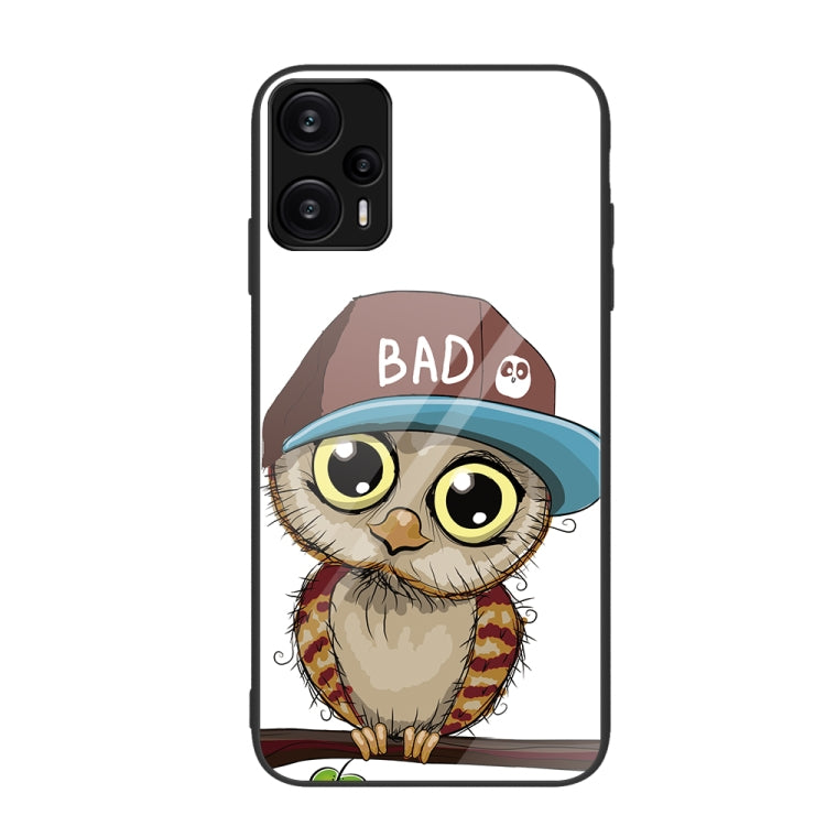 Cute cartoon owl cat painted glass phone case with 'BAD' text graphic.