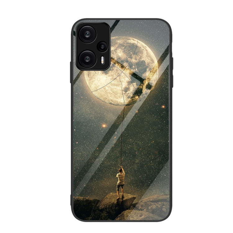 Starry moon and figure painted glass phone case with dark diagonal bands.