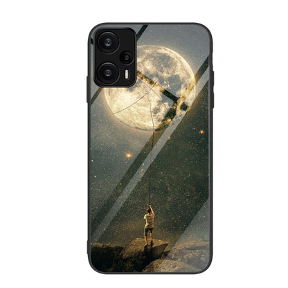Starry moon and figure painted glass phone case with dark diagonal bands.
