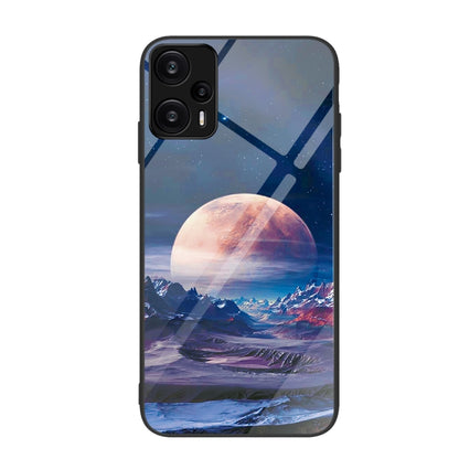 Planet and mountain landscape painted glass phone case with blue diagonal lines.