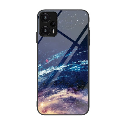 Galaxy starfield painted glass phone case with glowing streaks and diagonal stripe.