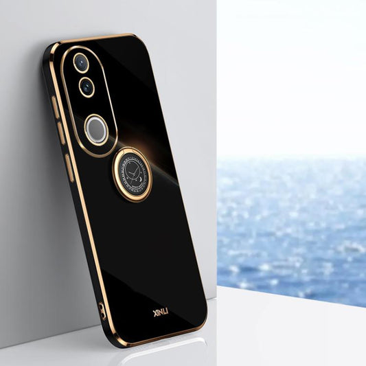 Black TPU phone case with gold edge and built-in ring holder for phone grip