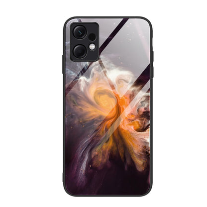 Glass protective phone case with dark purple and amber marble swirl pattern