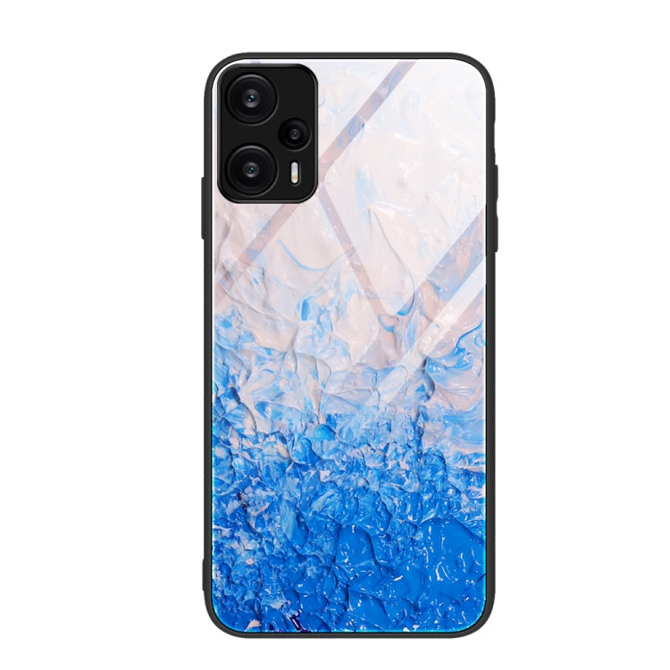 Light to dark blue marble pattern glass protective phone case with camera cutouts