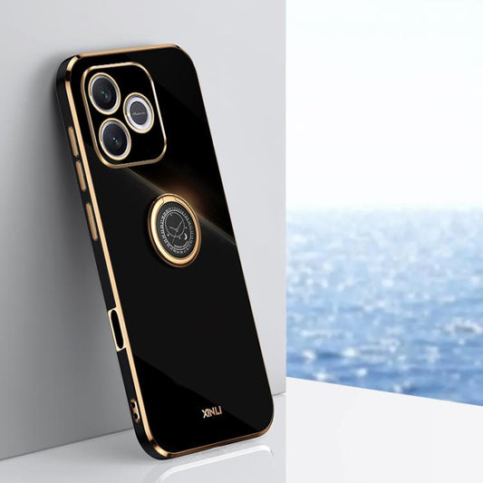 Black TPU phone case with ring holder and gold-tone bumper, dual camera cutouts