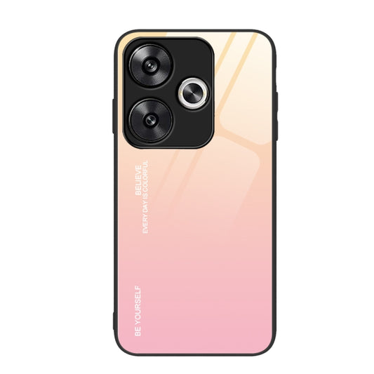 Gradient glass phone case, peach to pink with black camera cutout and ring lens