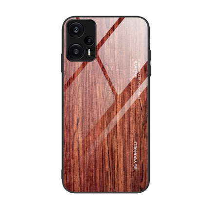 Red wood grain TPU phone case with black bumper, diagonal stripes, camera cutout