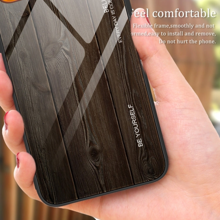 Dark wood grain TPU phone case, flexible grip fit, camera cutout