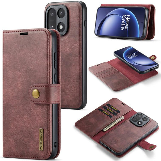 Detachable magnetic leather wallet case with card slots, red-brown crazy horse texture