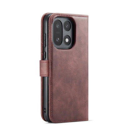 Crazy horse leather phone case with magnetic strap, red-brown, rear camera cutout