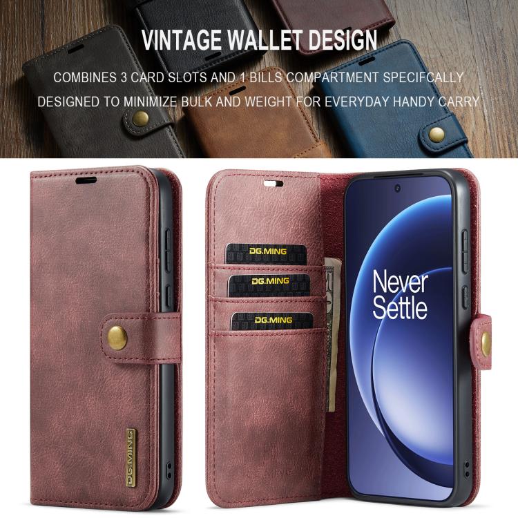 Crazy horse leather wallet phone case with 3 card slots and magnetic closure, red-brown