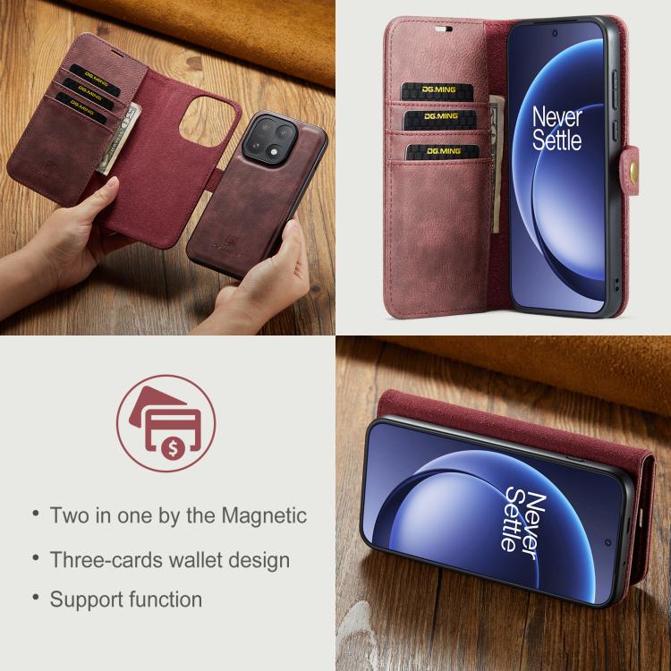 Leather wallet phone case with detachable cover and card slots, red-brown crazy horse