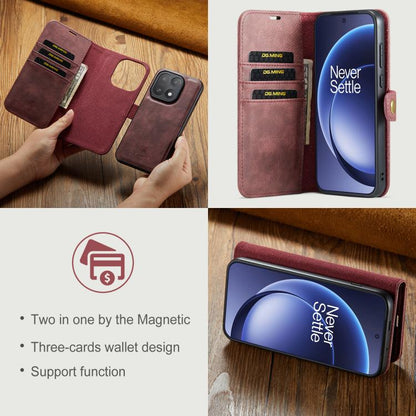 Leather wallet phone case with detachable cover and card slots, red-brown crazy horse
