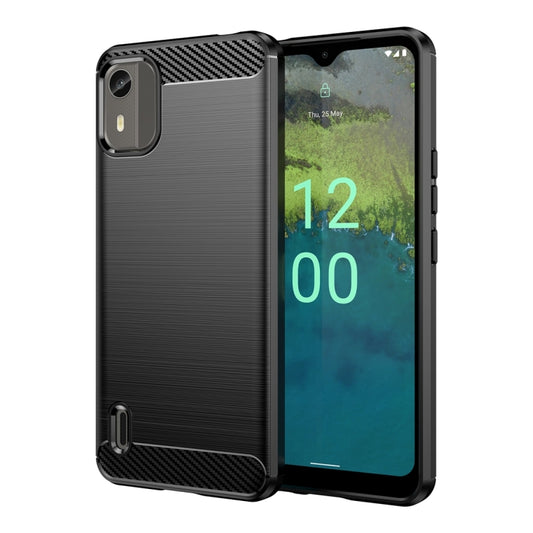 Brushed carbon fiber TPU phone case for Nokia C series, black, back and front view