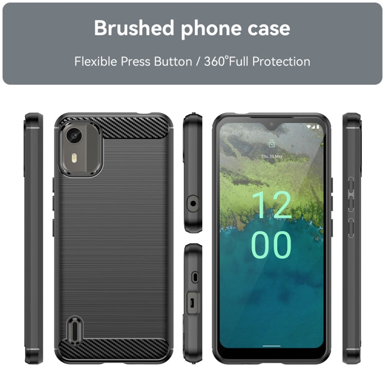 Brushed carbon fiber TPU phone case, black, shows back, front, and side cutouts