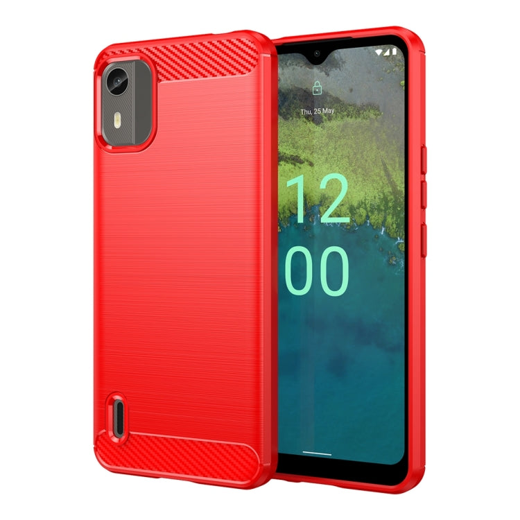 Brushed carbon fiber TPU phone case, red, front and back shown