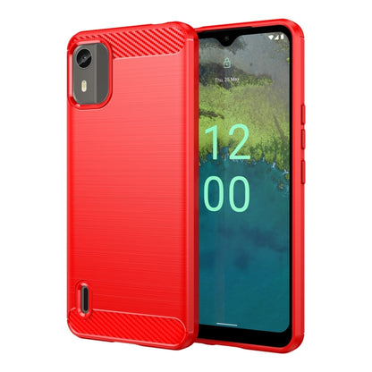 Brushed carbon fiber TPU phone case, red, front and back shown