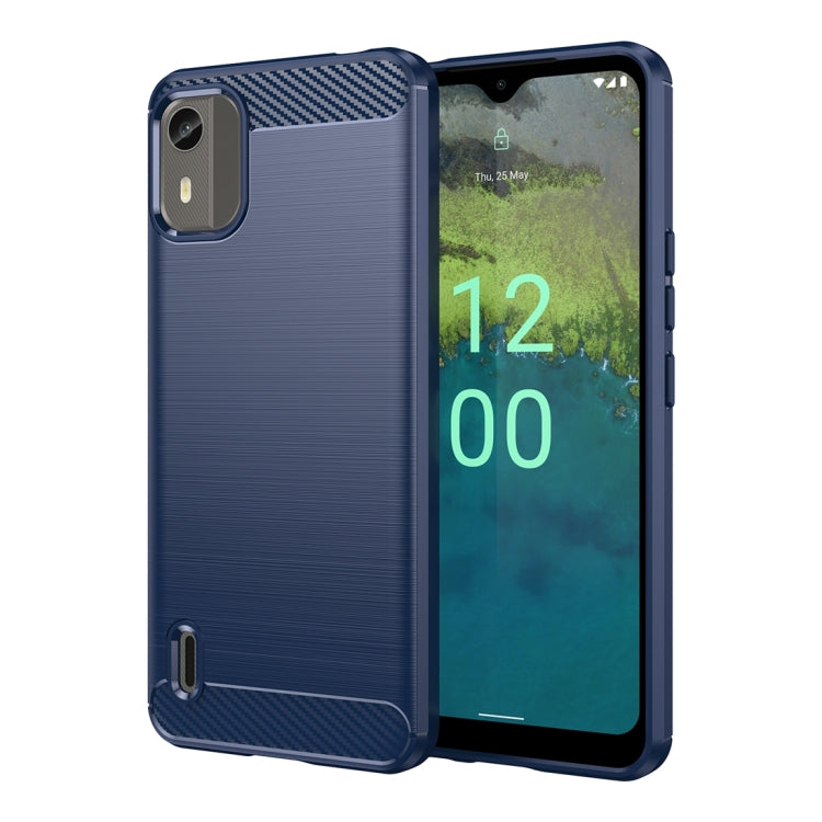 Blue brushed texture TPU phone case with carbon-fiber pattern top and raised edge protection