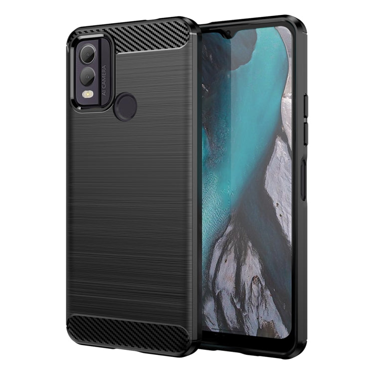 Black brushed texture TPU phone case with carbon-fiber style back and camera cutout