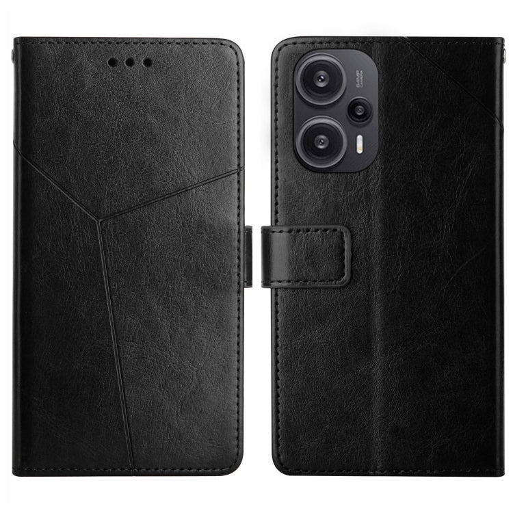 Black Y-pattern flip leather phone case with card holder; front and back views.