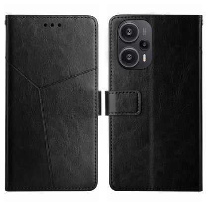 Black Y-pattern flip leather phone case with card holder; front and back views.