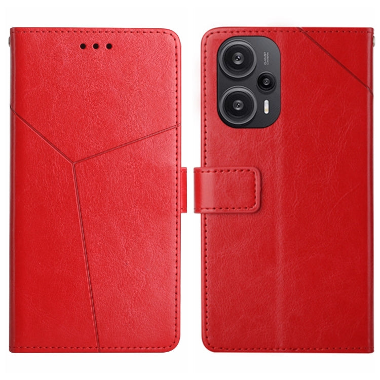 Red Y-pattern flip leather phone case with card holder; front and back views.