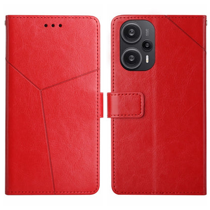 Red Y-pattern flip leather phone case with card holder; front and back views.