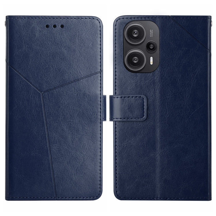 Blue Y-pattern flip leather phone case with card holder; front and back views.