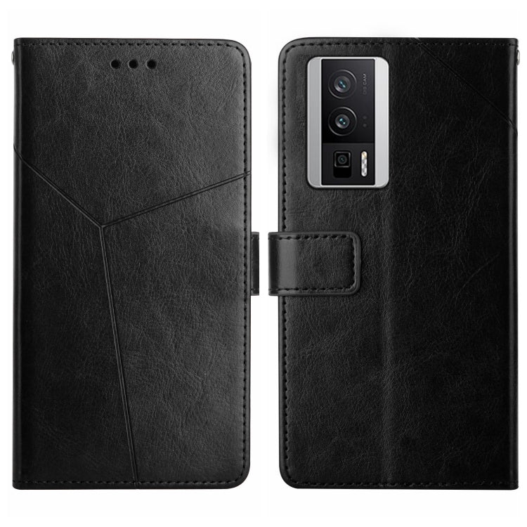 Black Y-pattern flip leather phone case with card holder; back shows camera opening.