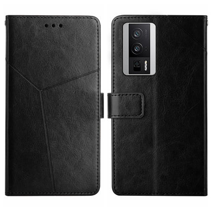 Black Y-pattern flip leather phone case with card holder; back shows camera opening.