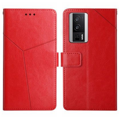 Red Y-pattern flip leather phone case with card holder; back shows camera opening.