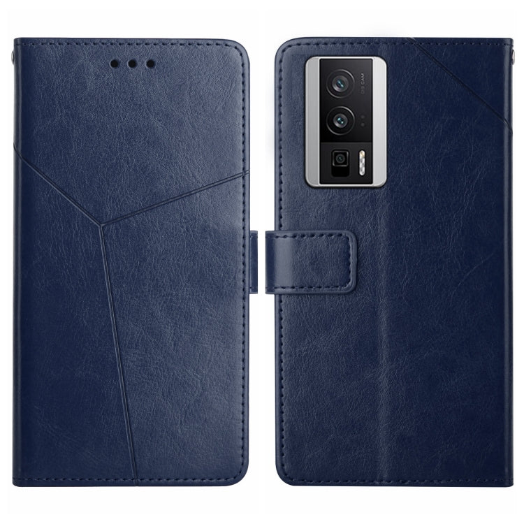 Blue Y-pattern flip leather phone case with card holder; back shows camera opening.