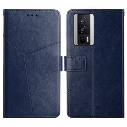 Blue Y-pattern flip leather phone case with card holder; back shows camera opening.