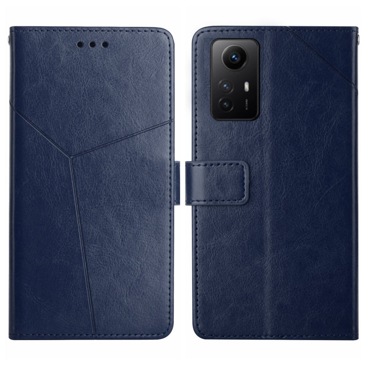 Blue Y-pattern flip leather phone case, card slot and camera cutout on back