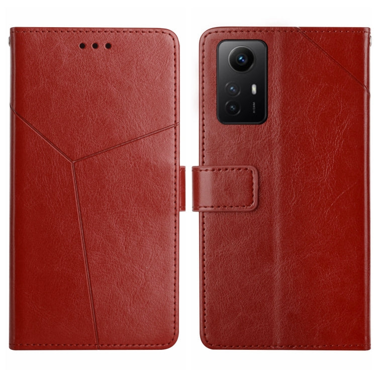 Red Y-pattern flip leather phone case with stitched card holder and camera cutout