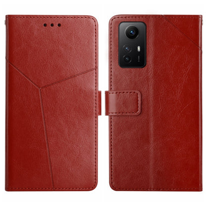 Red Y-pattern flip leather phone case with stitched card holder and camera cutout