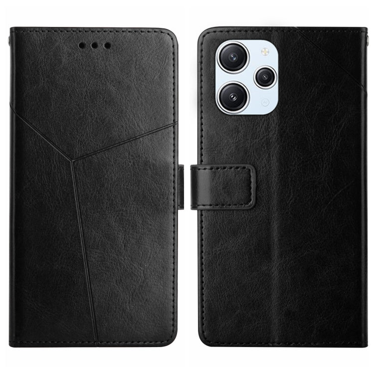Y-pattern flip leather phone case in black, front and back views with clasp tab