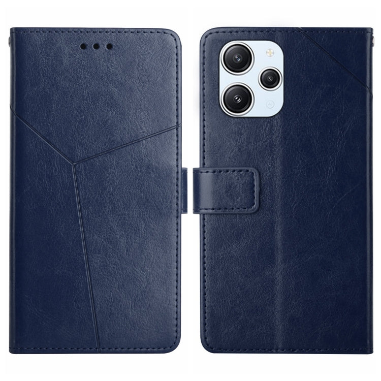 Y-pattern flip leather phone case in blue, front and back views with clasp tab